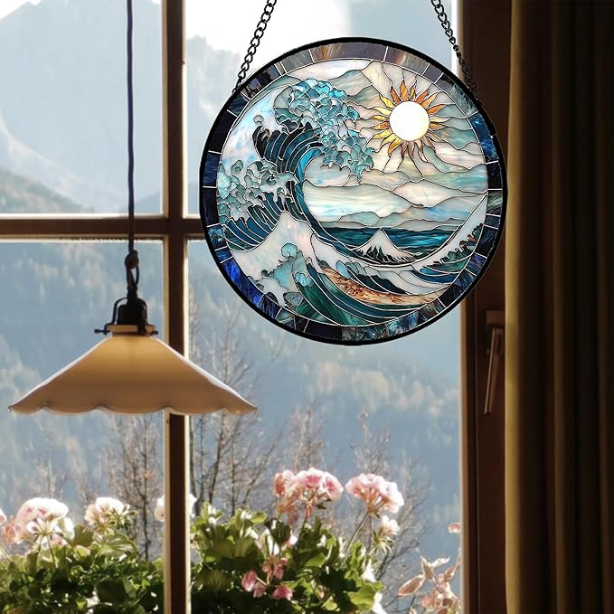 Stained Glass Window Hanging - White Sun Big Wave Suncatcher for Door Terrace Garden Home Decor Blue Ocean Landscape Sun Catcher Birthday Gifts for Lovers Women Men Dad Mom Nana9.8 in