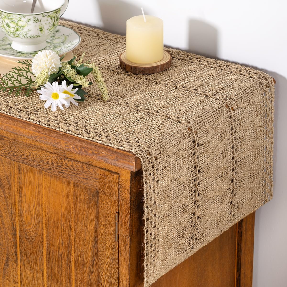 Socomi Boho Table Runner Summer Farmhouse Burlap Jute Bamboo Rustic Dining Kitchen Centerpiece Decor Small Macrame Woven Coffee Table Runner for Dresser Scarf Home Decor 12x36 inch