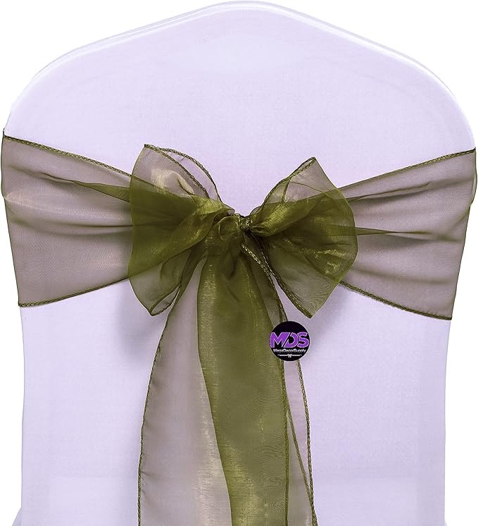 MDS Pack of 100 PCS Organza Chair Sashes Wider Dining Chair Bows Ribbon Tie Back for Wedding Party Birthday Bridal Shower Reception Event Banquet Home Chair Cover Decoration - Olive Green