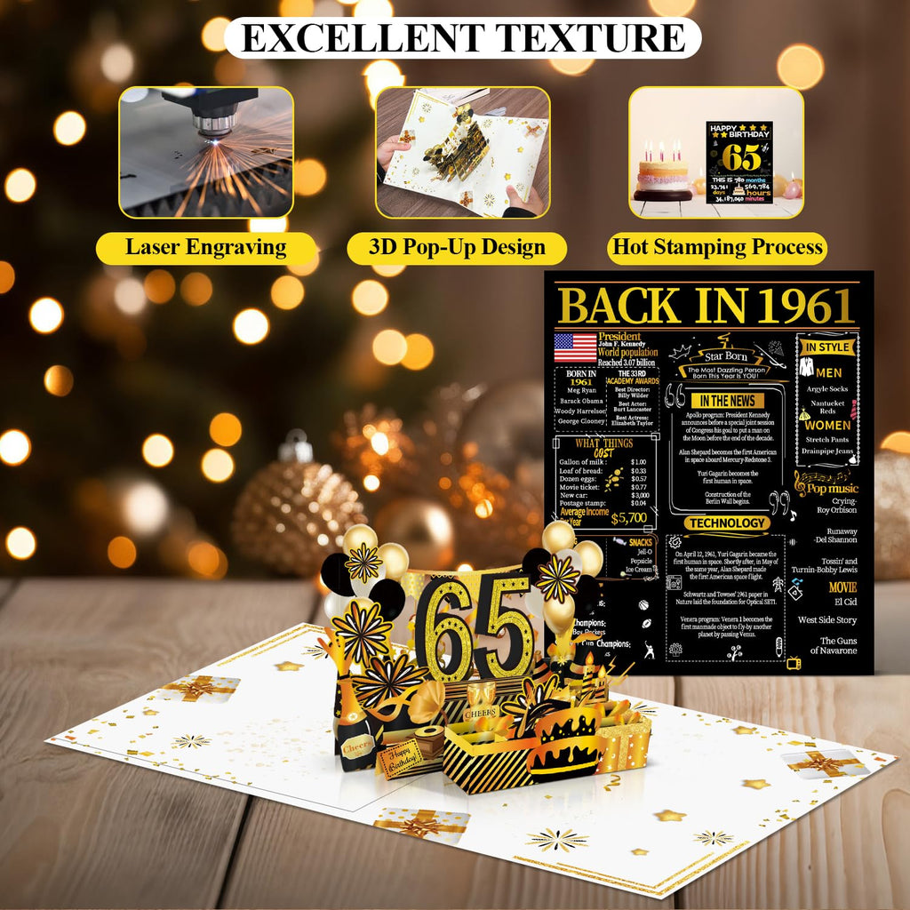 Joycard 65th Birthday Card for Women Men, 3D Pop Up Happy Birthday Gift for Mother Dad, Funny 65 Year Old Birthday Decorations for Wife Husband, Back in 1961 Laser Gold Retro Theme
