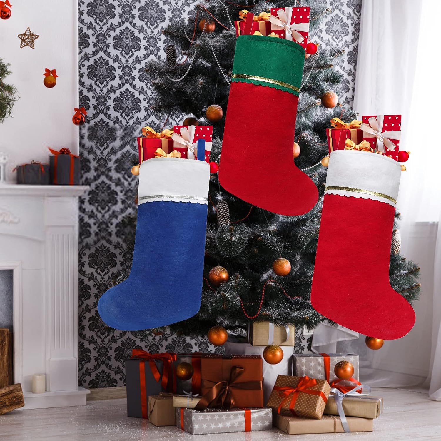 24 Pack Felt Christmas Stockings, 19 Inches Red and White Christmas Stockings Hanging Ornaments, White Cuff with Gold Trim Christmas Stockings for Family Christmas Holiday Decorations