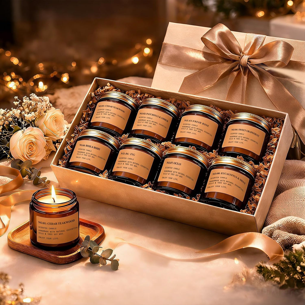 Scented Candles for Home,8 Pack Soy Wax Candle Set,Scented Candles Gift Set,Aromatherapy Candles, Amber Jar Vintage Apothecary Style, 8 Scents Gift Set