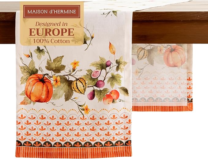 Maison d' Hermine Table Runner 100% Cotton Single Layer Table Runners 108 inches Long for Thanksgiving Christmas Decorations Home Kitchen Dining Wedding (Pumpkin Garden - Cloudy Cream, 14.5" x 108")