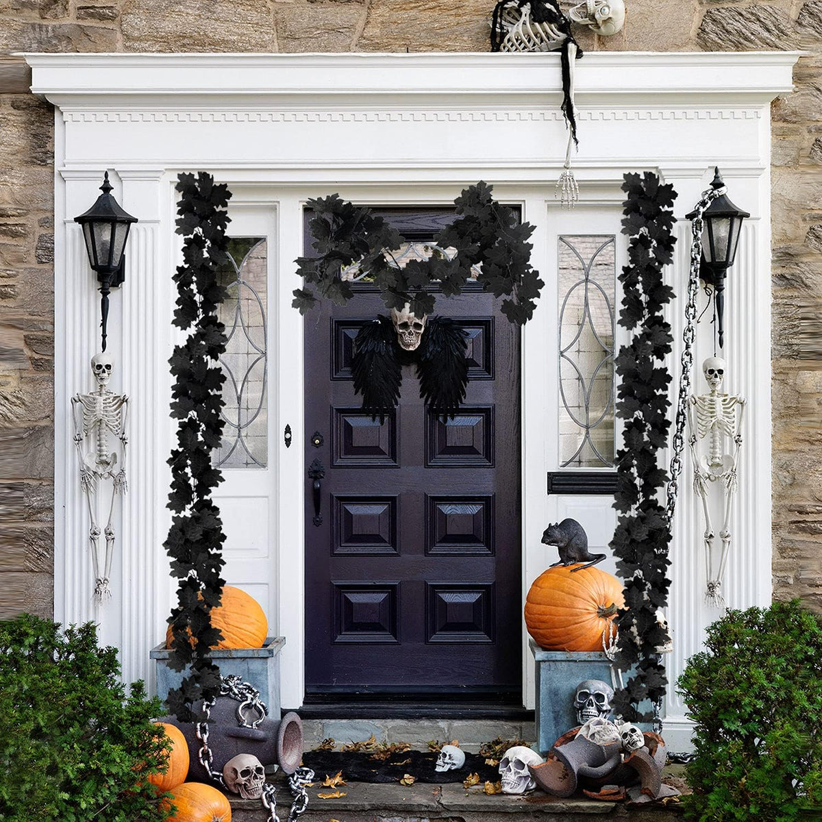 Black Leaf Garland, 12PCS Halloween Artificial Hanging Fall Maple Vines