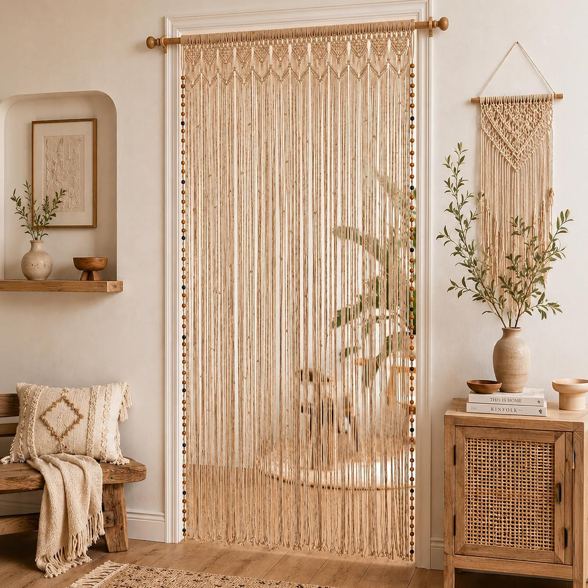 handmade boho macrame curtains with two-tone wood beads, main product view