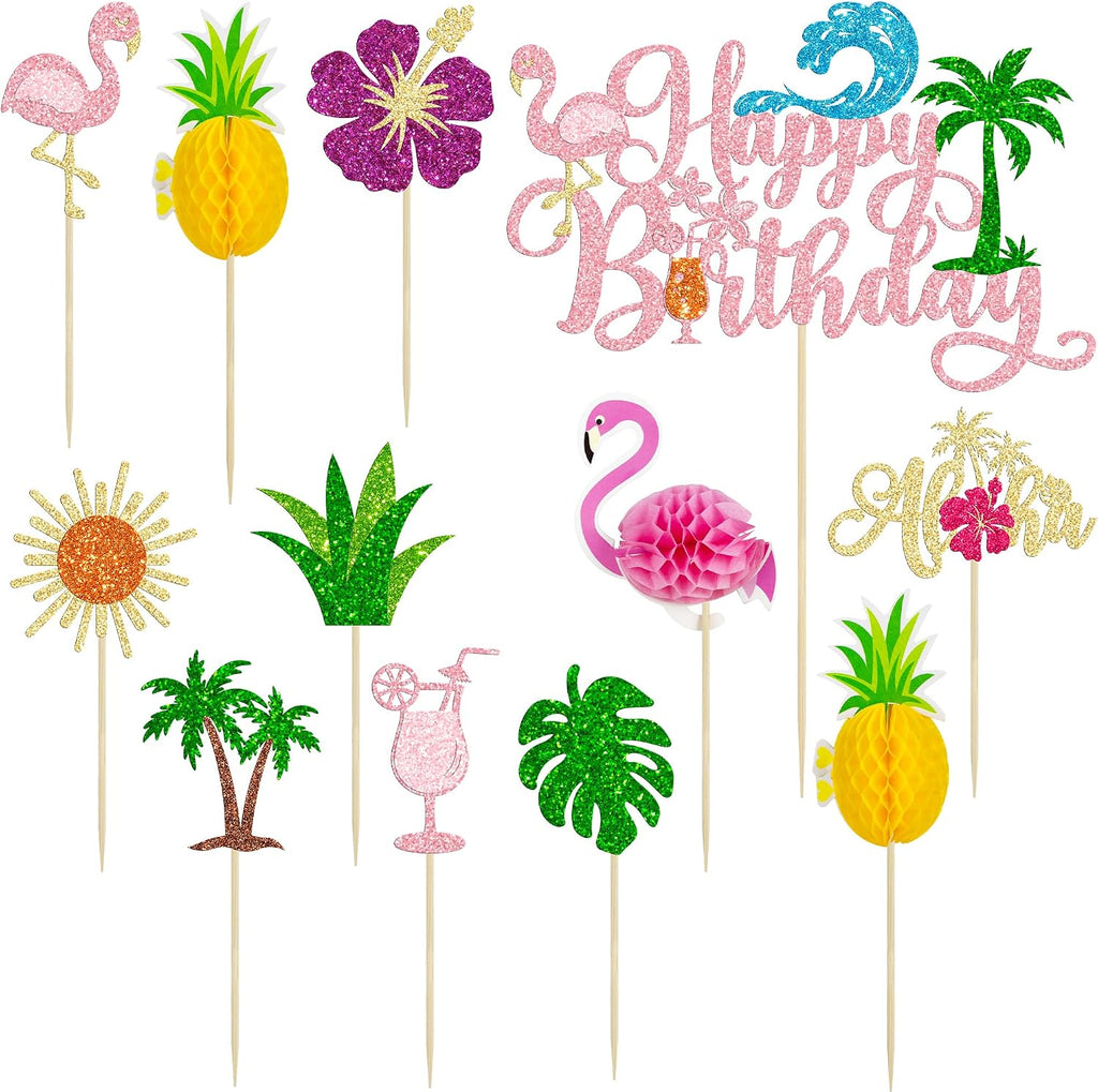 Ephlyn 33Pcs Summer Beach Happy Birthday Cake Topper Tropical Cupcake Toppers Flamingo Flower Palm Tree Cake Decorations for Summer Hawaiian Birthday Party Supplies Pink Multicolor