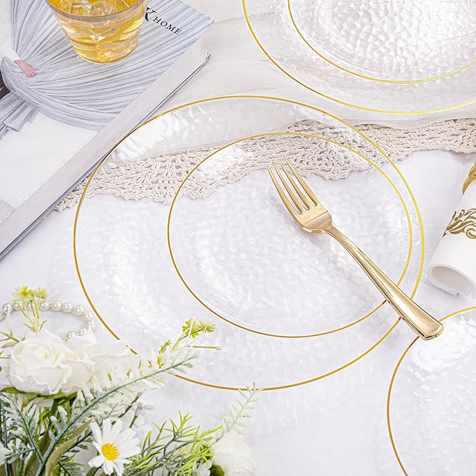 Rubtlamp 175 Pcs Plastic Dinnerware Set (25 Guests), Clear And Gold Plastic Plates, Hammered Party Plates Include Dinner Platos, Dessert Platos, Cups, Gold Cutlery Set And Napkins for Party