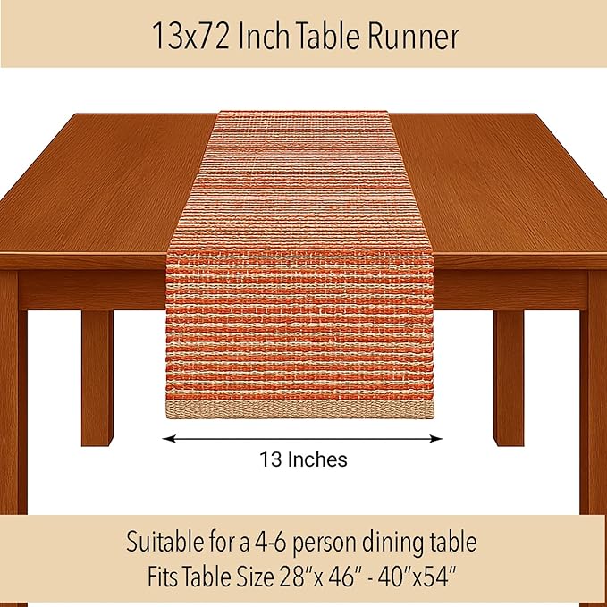 Chardin home Natural Jute Table Runner 13x72 Inch – Vintage Boho Rustic Table Decor – Handwoven Table Runner in Natural Jute and Rust Orange – Farmhouse Dining or Console Table Accent