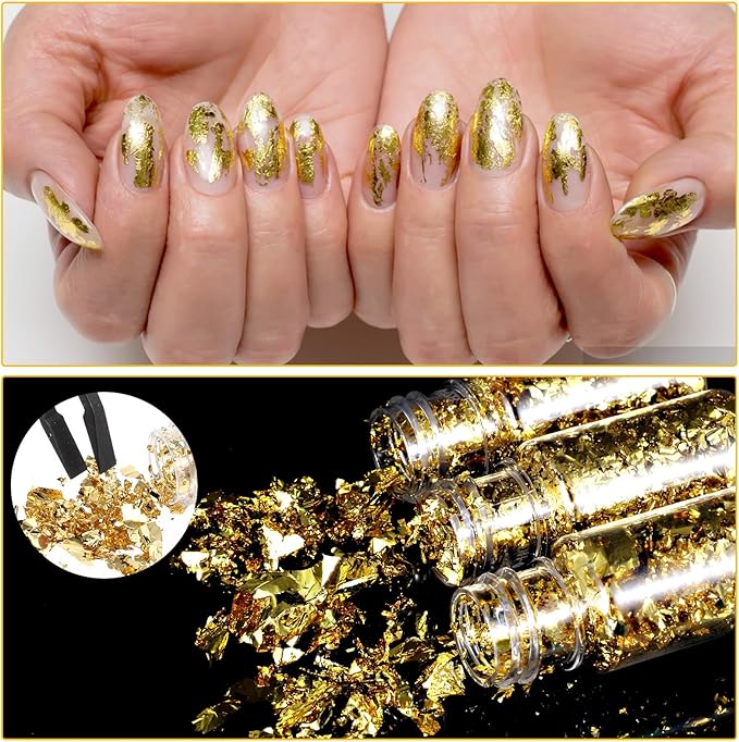5Pcs Decorative Gold Leaf, Multifunction Gold Flakes Cake Decoration Baking Foil Decor with Plastic Tweezers for Cooking Dessert Steak Decoration Crafts Makeup