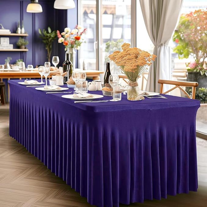 Wish Care 2 Pack Dark Purple Spandex Table Clothes for 6 Foot Rectangle Tables, 6FT Wrinkle Free Fitted Tablecloths Ruffles Design Table Cover for Party, Banquet, Wedding and Events