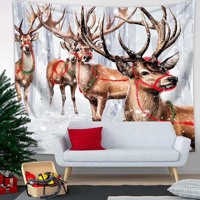 QGHOT Winter Tapestry Wall Hanging Winter Forest Backdrop Christmas Snowy Deer Wall Decor Snow Elk Tapestries for Bedroom Living Room Dorm Party Decoration, Large