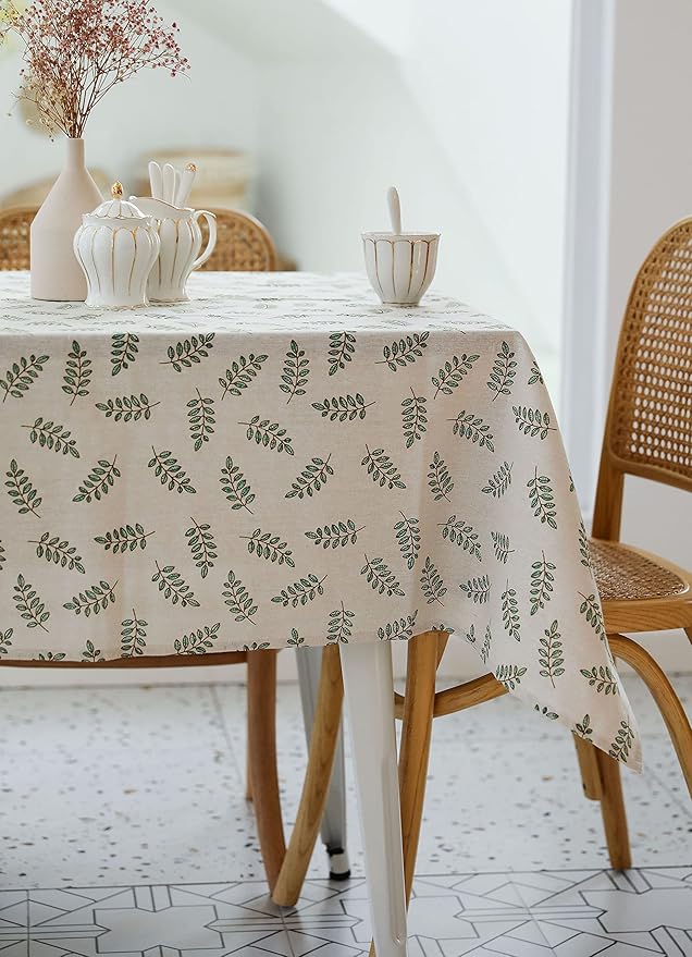 Pastoral Square Tablecloth - 52 x 52 Inch - Beige Linen Table Cloth - Washable Table Cover with Dust-Proof Wrinkle Resistant for Restaurant, Picnic, Bistro, Indoor and Outdoor Dining, Green Leaf