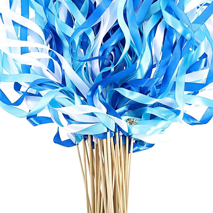 Boao 40 Pieces Mixed Color Ribbon Sticks with Bell, Ribbon Sticks for Stick Party, Streamers for Wedding Birthday Party Celebration Baby Shower Favors(Blue)