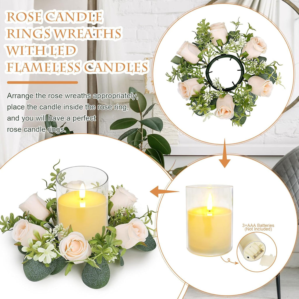 12 PCS Candle Rings with LED Flameless Candles, 3 Inch Artificial Rose Wreaths Eucalyptus Leaves for Table Centerpieces Home Wedding Party Decor, Champagne, 6 Sets