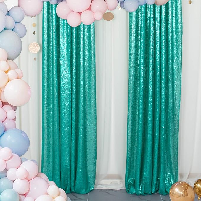 ShinyBeauty Sparkle Backdrop Curtain Teal 2 Panels Set Sequin Photo Backdrop Christmas Green 2FTx8FT Sequin Backdrop Curtain Pack of 2 Christmas Photo Backdrop-1220S