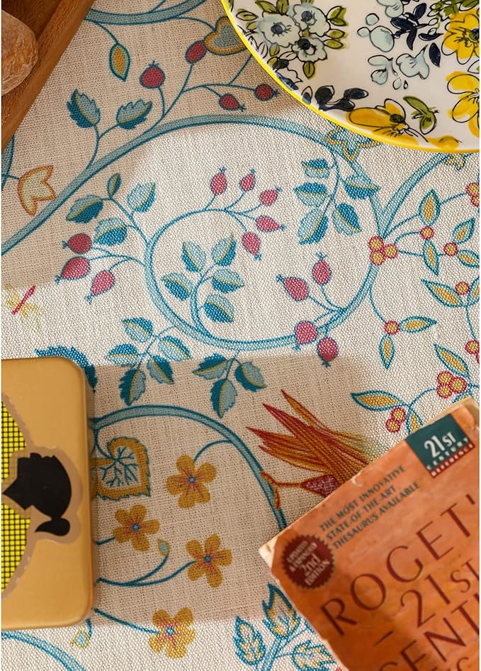 patdrea Designer French Tablecloth for Rectangle Table,Floral Birds Pattern Linen Table Cloth,Fall Yellow Decorative Cover for Kitchen Dining Banquet,Christmas,Thanksgiving,55"x87"-Magnolia