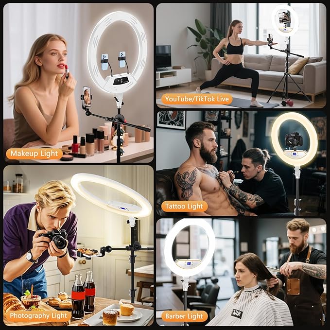 Ring Light 22inch Kit: Ring Light Tripod for iPhone ipad,with 75" Tripod/LCD Display/4 Phone Tablet Clips/2 USB Ports,LED RingLight for Barber Makeup Tattoo TikTok Video Recording Vlog (White)