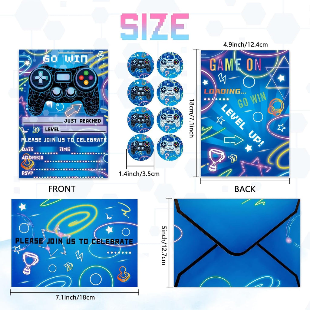 WERNNSAI Video Game Party Invitation - 24 Set Fill-in Blue Gaming Birthday Invitation Cards with Envelopes Sticker for Boys Kids Double-Sided Printed Game On Invitations for Celebration Party Supplies