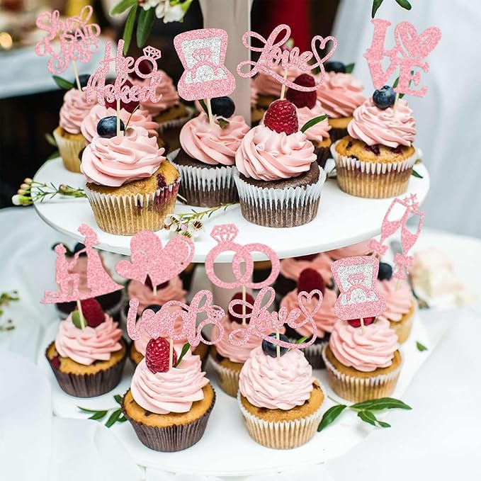 Ephlyn 30Pcs He Asked She Said Yes Cupcake Toppers Glitter Engagement Cupcake Toppers Diamond Ring Heart Love I Do Cupcake Picks for Engagement Wedding Party Cake Decorations Pink