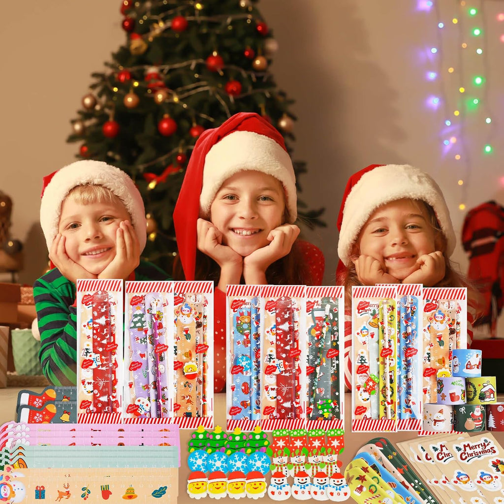 Christmas Party Favors 24 Pack Stationery Set Bulk Goodie Bag Suffers Class Gifts Classroom School Holiday Treat for Students Stockings Pencils Rulers Erasers Stickers slap bracelets