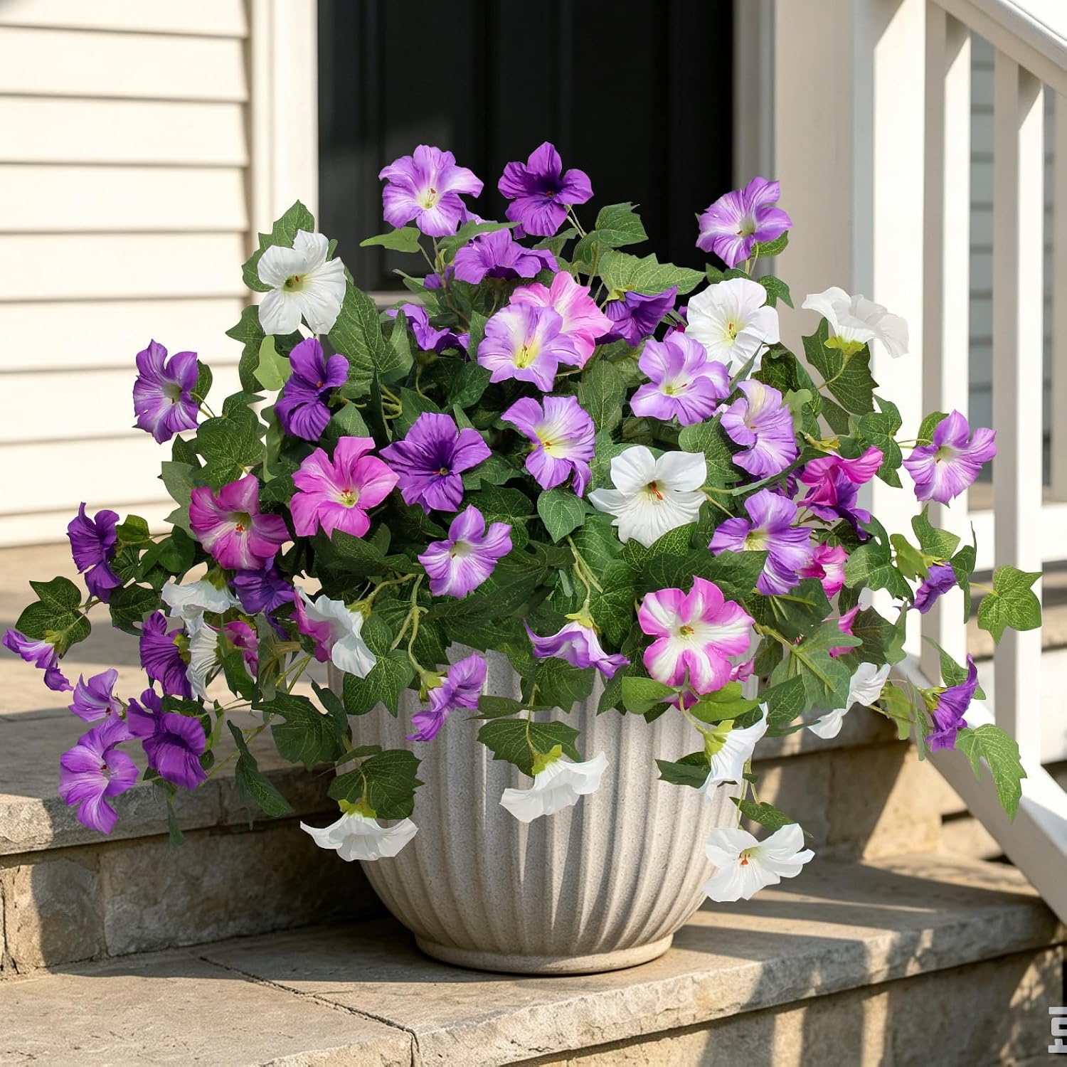 Artificial Fake Flowers Plants for Outdoor UV Resistant, 2PCS Silk Faux Petunias No Fade Summer for Outside Planter Front Door Porch Yard Patio Balcony Realistic Decoration Purple White