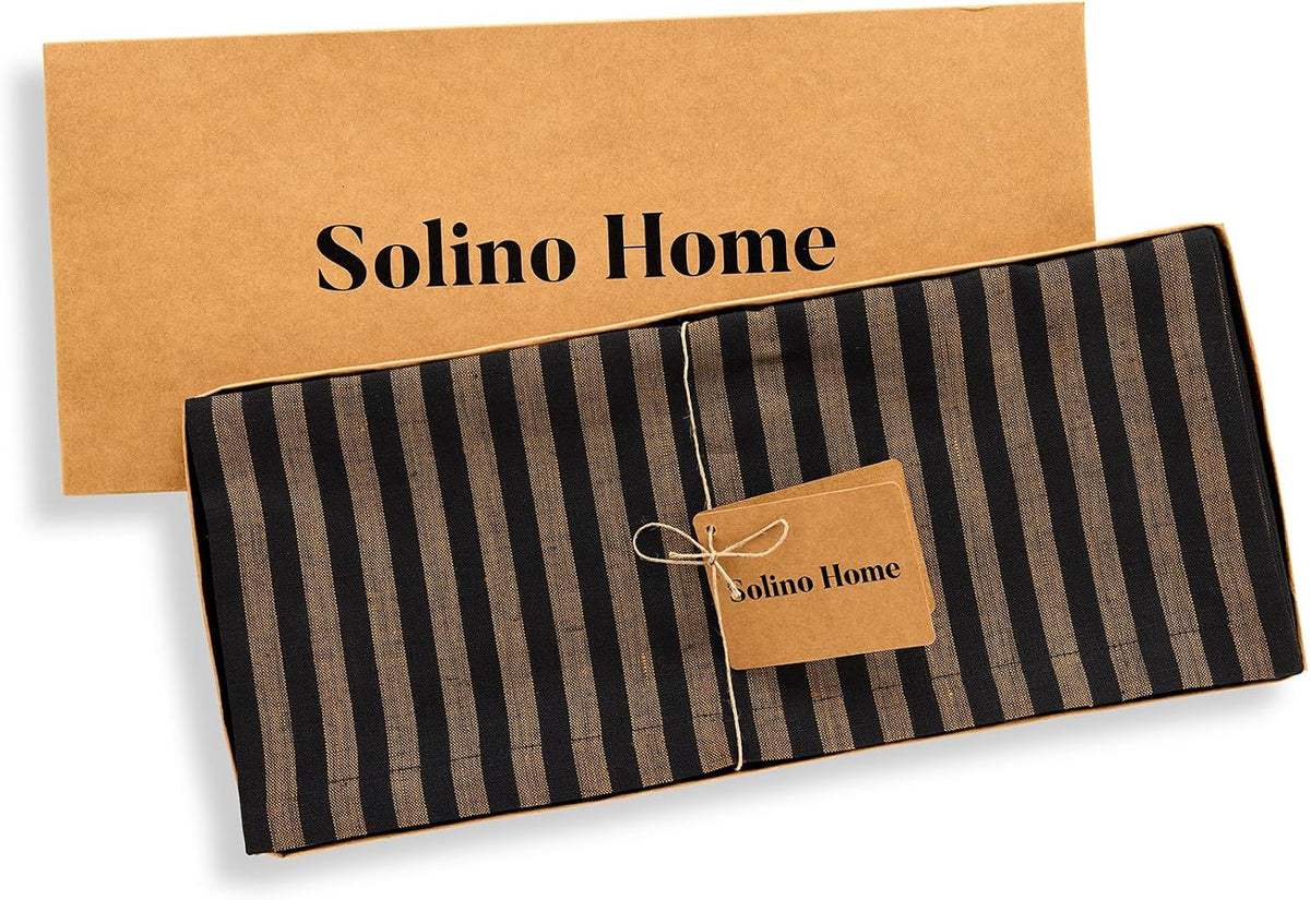 Solino Home 100% Linen Table Runner, 14 x 72 in, Brown and Black Striped