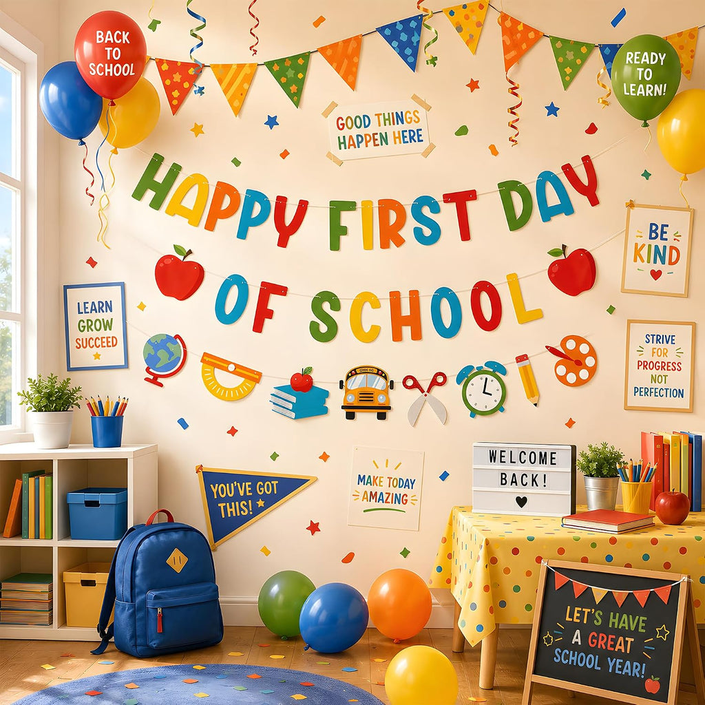 Back to School Decorations - Happy First Day of School Banner Sign Decor for Indoor Outdoor | Back To School Garland Backdrop - Hanging Classroom Decor Party Favors Supplies