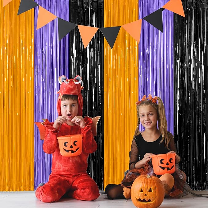 2 Pack Halloween Backdrop, 3.28 FT x 7.05 FT Foil Fringe Curtains, Orange Purple Black Party Streamer Tinsel Backdrop Curtains, Halloween Decorations Door Decor Photo Props Party Supplies