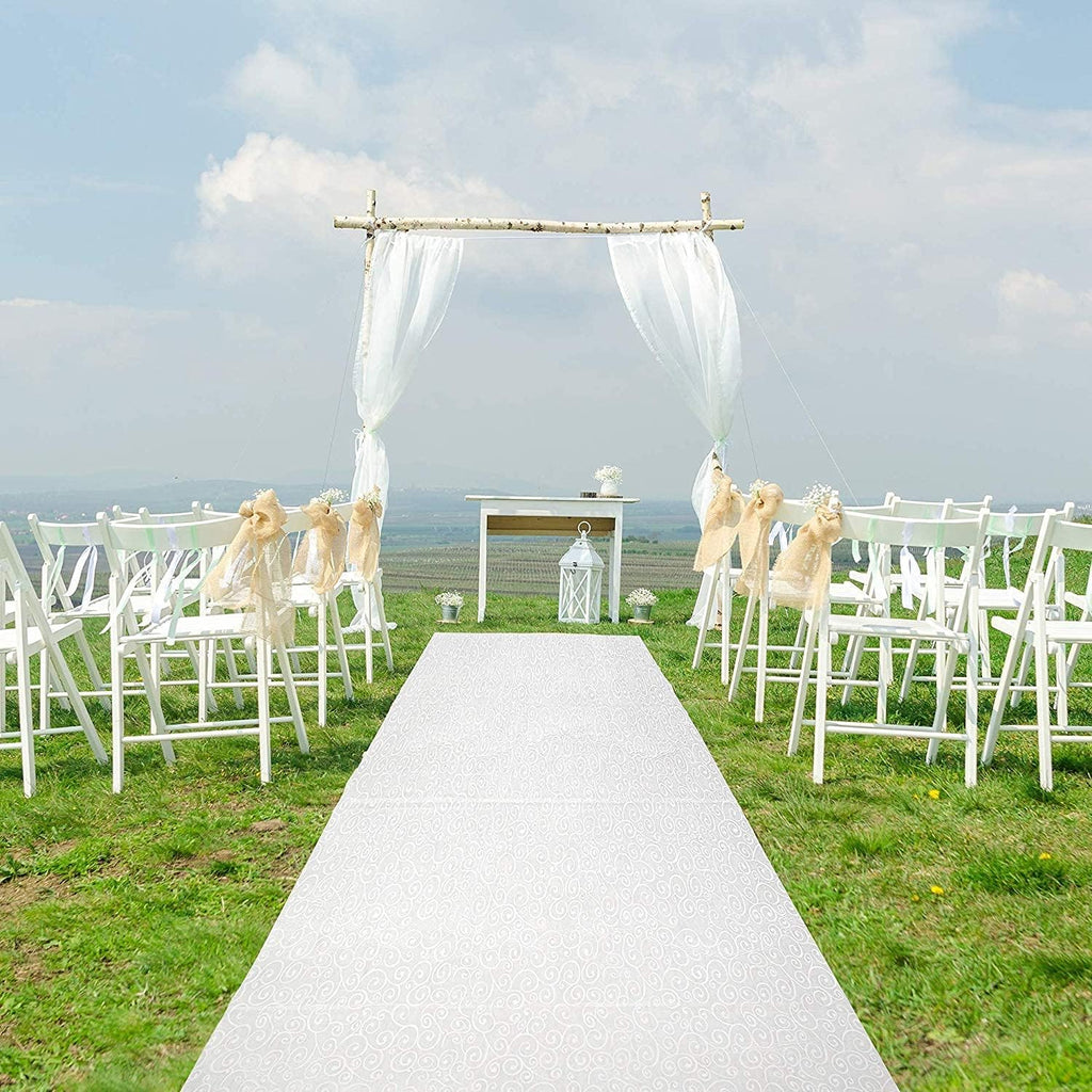 J&A Homes White Wedding Aisle Runner - Professional-Grade Nylon, Includes Tape Double-Sided Adhesive - Disposable Scroll Pattern Runner Great for Indoor or Outdoor Weddings, Prom, Parties