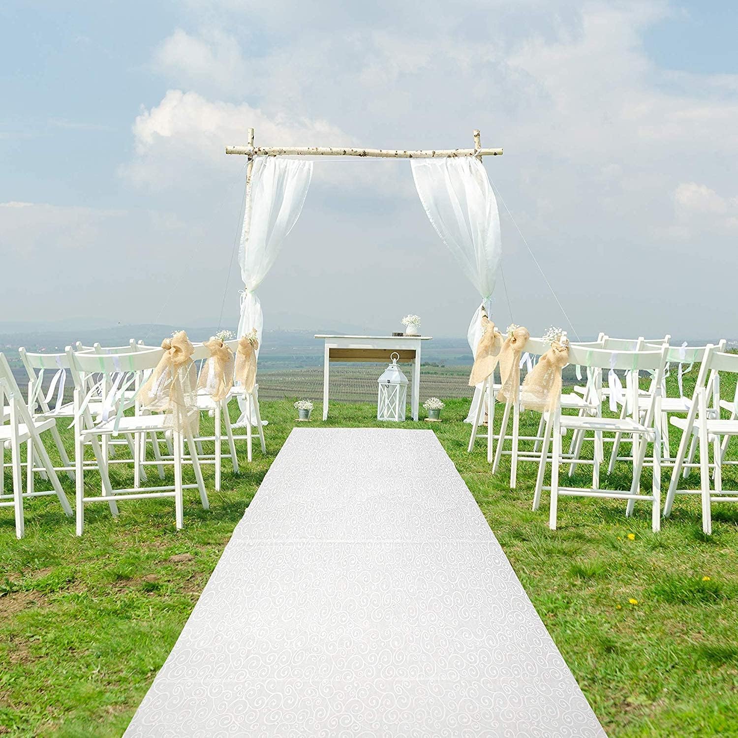 J&A Homes White Wedding Aisle Runner - Professional-Grade Nylon, Includes Tape Double-Sided Adhesive - Disposable Scroll Pattern Runner Great for Indoor or Outdoor Weddings, Prom, Parties