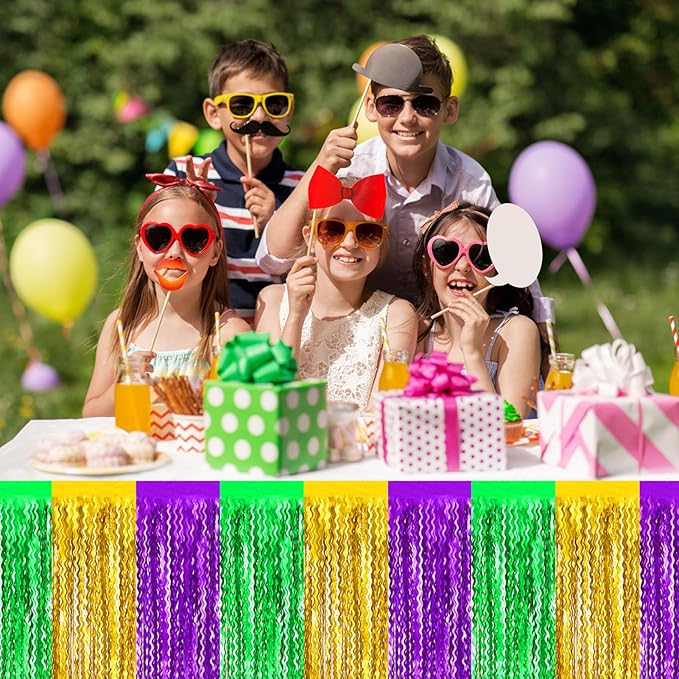 6 Pack 29 x108 Inch Gold Green Purple Wave Foil Fringe Table Skirts Metallic Banner for Tinsel Streamer Garland Backdrop for Parade Floats, Mother's Day, Easter, Wedding, Birthday Party Decoration