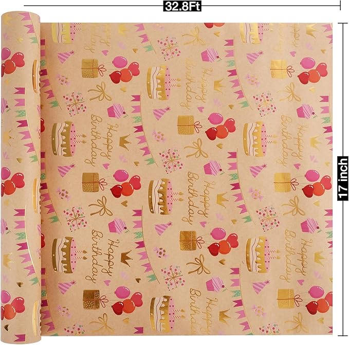 Aimyoo Birthday Wrapping Paper Roll - 17 Inch X 32.8 Feet - Gold Foil Celebration Cake, Gift Box,Happy Birthday Lettering Design Gift Wrap for Kids, Baby Showers