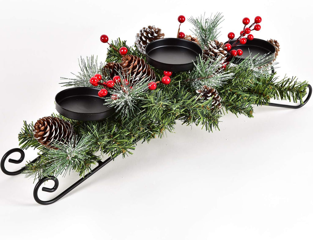 20 Inch Christmas Candle Holder Centerpiece with 3 Candle Holders, Pine Cones, Red Berry Table Accent for Festival Home Decoration