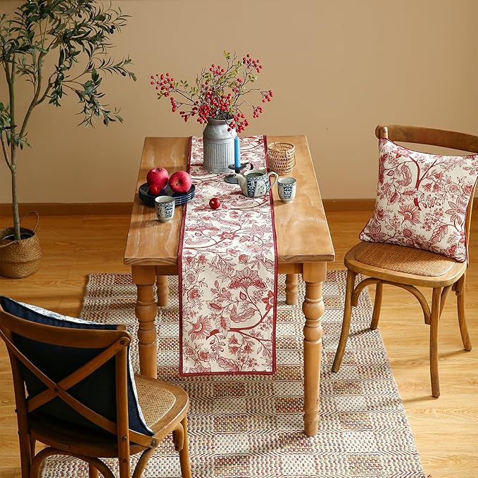 ISAENNE Designer Chinoiserie Elegant Linen Table Runner 102 Inches Long,Red Floral Pattern Decor Table Runners for Thanksgiving,Dining Room,Banquet,Kitchen Tables,Christmas,12"*102"-Ruyi A