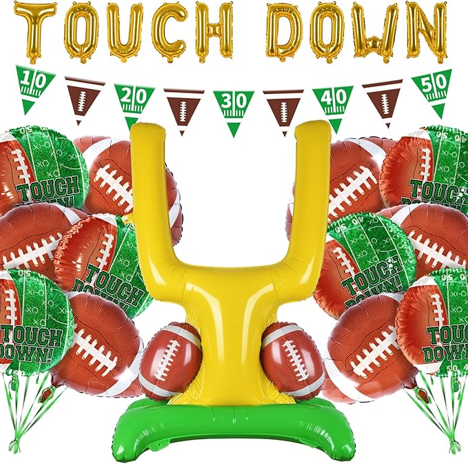 Football Party Supplies Kit - Touchdown Letter Balloon, Goal Post & Football Shaped Foil Balloons, Round 'Touchdown!' Foil Balloons, and Banner for Birthday, Game day, Tailgate Party Decorations