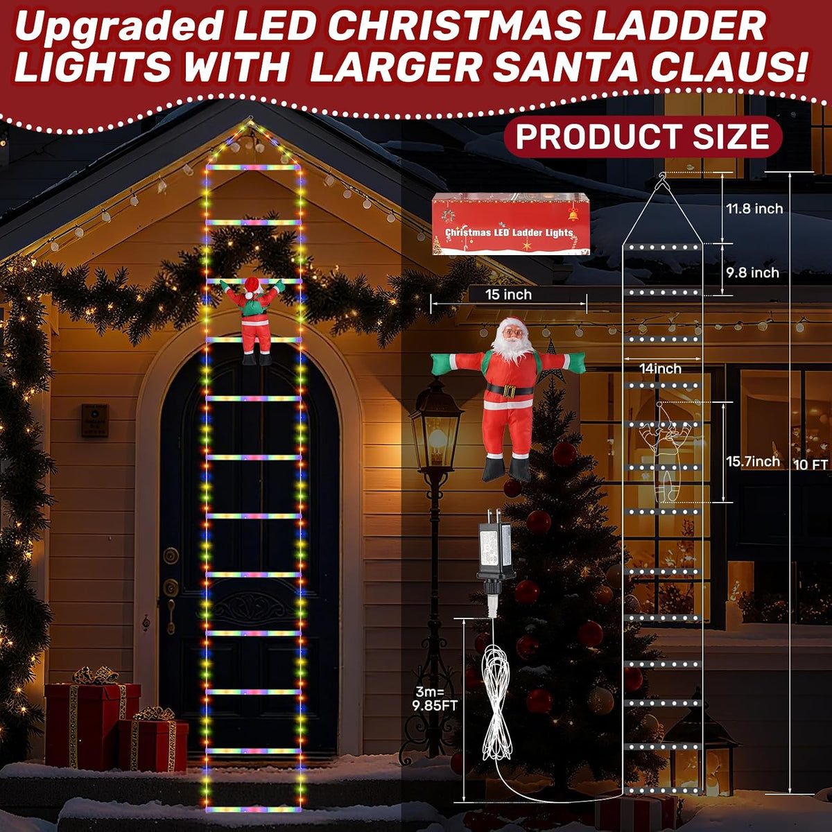 LED Christmas Ladder Lights 10ft with Santa Claus Decorations Decorative Mult...