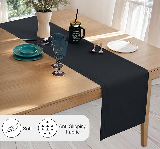 Ruvanti Linen Table Runner 108 Inches, Classic Hemstitch, Washable, Reusable, Non-Slipping, Stain Resistant- Perfect for Parties, Weddings, Dinners, Thanksgiving, Christmas, Indoor use – Black