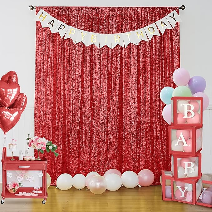 Sugargirl Red Sequin Backdrop Curtain 4 Panels 2FTx8FT Glitter Red Background Drapes Sparkle Photography Backdrop for Party Wedding Birthday Wall Decoration