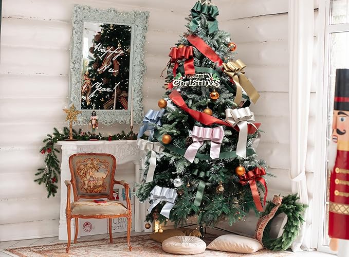 White Satin Wired Ribbon 1-1/2 Inch Double-Faced Glitter Sliver Ribbons for Wreath, Christmas Tree Decoration, Gift Wrapping, Home Decor 10 Yards