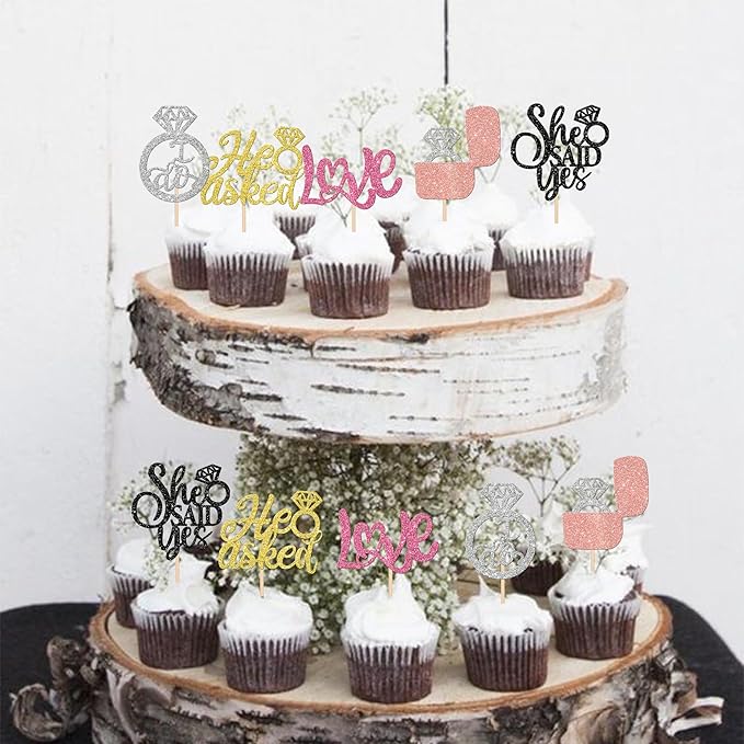 30 PCS He Asked She Said Yes Cupcake Toppers Diamond Ring Cupcake Picks Love I Do Bridal Shower Cake Decorations for Wedding Enaggement Theme Party Supplies Colorful