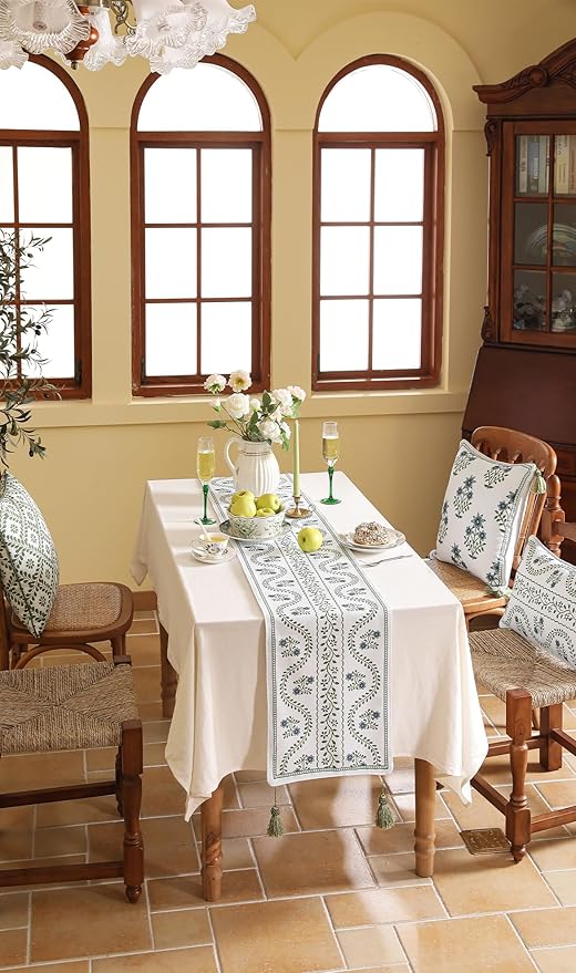 ISAENNE Designer White Elegant Linen Table Runner 87 Inches Long,Chinoiserie Floral Decor Durable Table Runners for Dining Tables,Thanksgiving,Kitchen Tables,Christmas,12"*87"-Mosella D