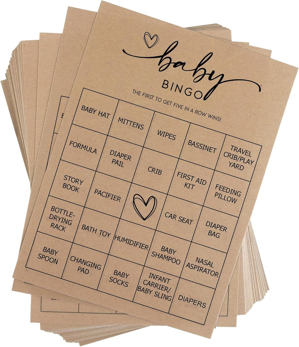 Baby Bingo Game (50 Unique Cards) Kraft Pre-Filled Fun Baby Shower Game Activity, Preforated Calling Cards, Gender Neutral Boy or Girl, Minimalist