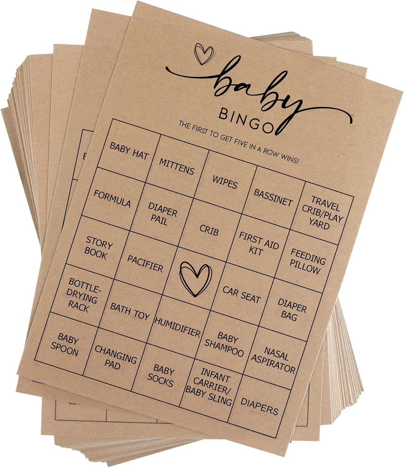 Baby Bingo Game (50 Unique Cards) Kraft Pre-Filled Fun Baby Shower Game Activity, Preforated Calling Cards, Gender Neutral Boy or Girl, Minimalist