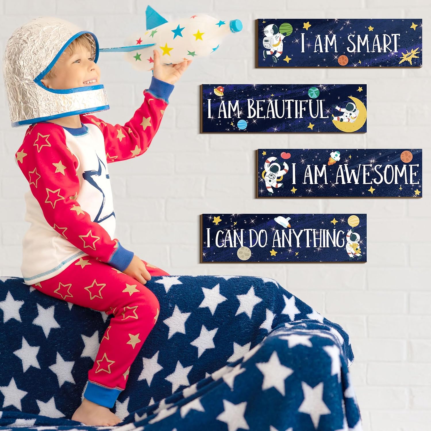 Yookeer 4 Pcs Space Room Decor for Kids Boys Outer Space Wall Art Bedroom Decor for Nursery Classroom Astronaut Galaxy Posters Spaceman Wood Sign Be Brave and Be Kind for Baby Boy(I)