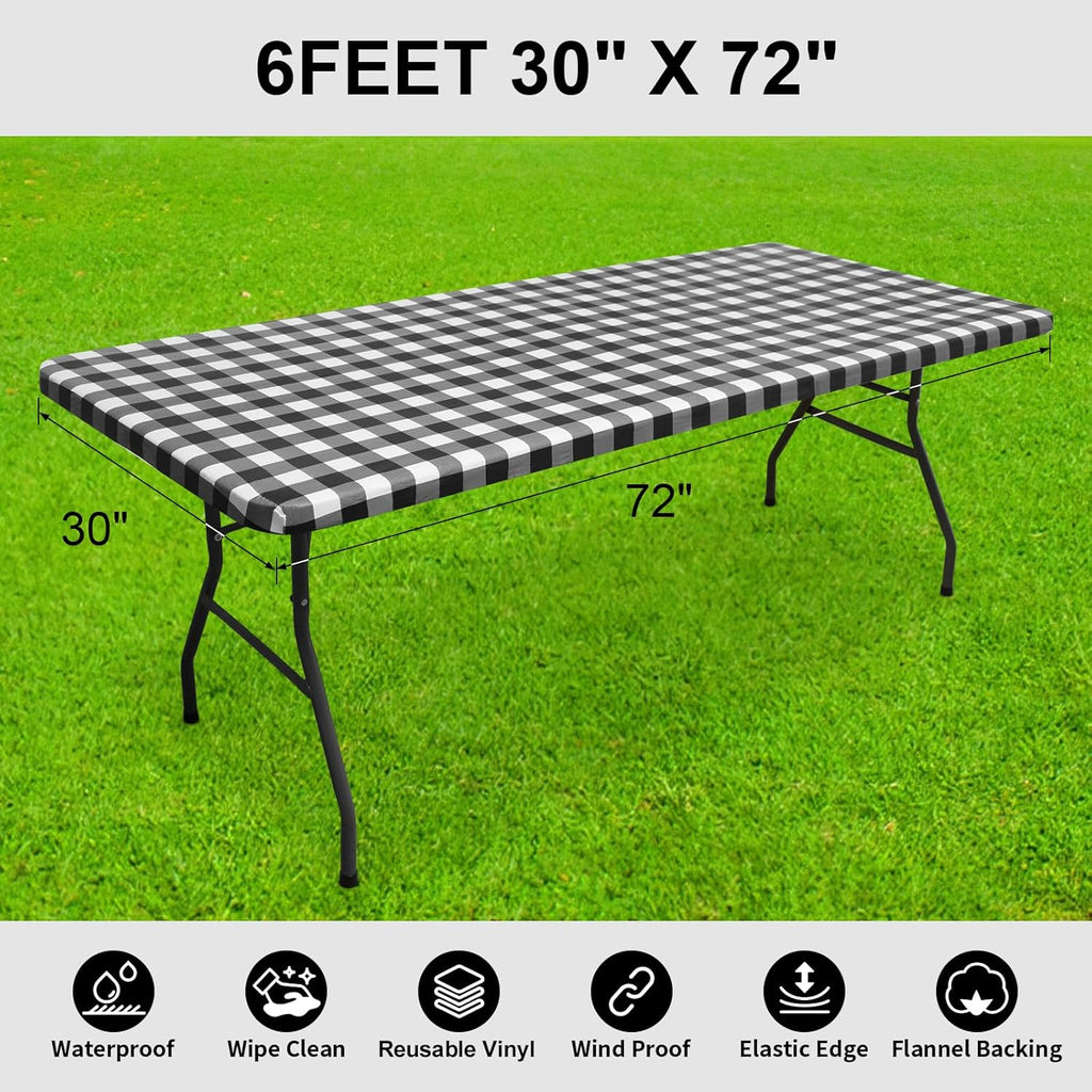 Smiry Rectangle Picnic Table Cloth, Elastic Waterproof Fitted Vinyl Tablecloths, Flannel Backed Buffalo Plaid Table Covers for Dining, Camping, Outdoor (Black and White, 30" x 72")