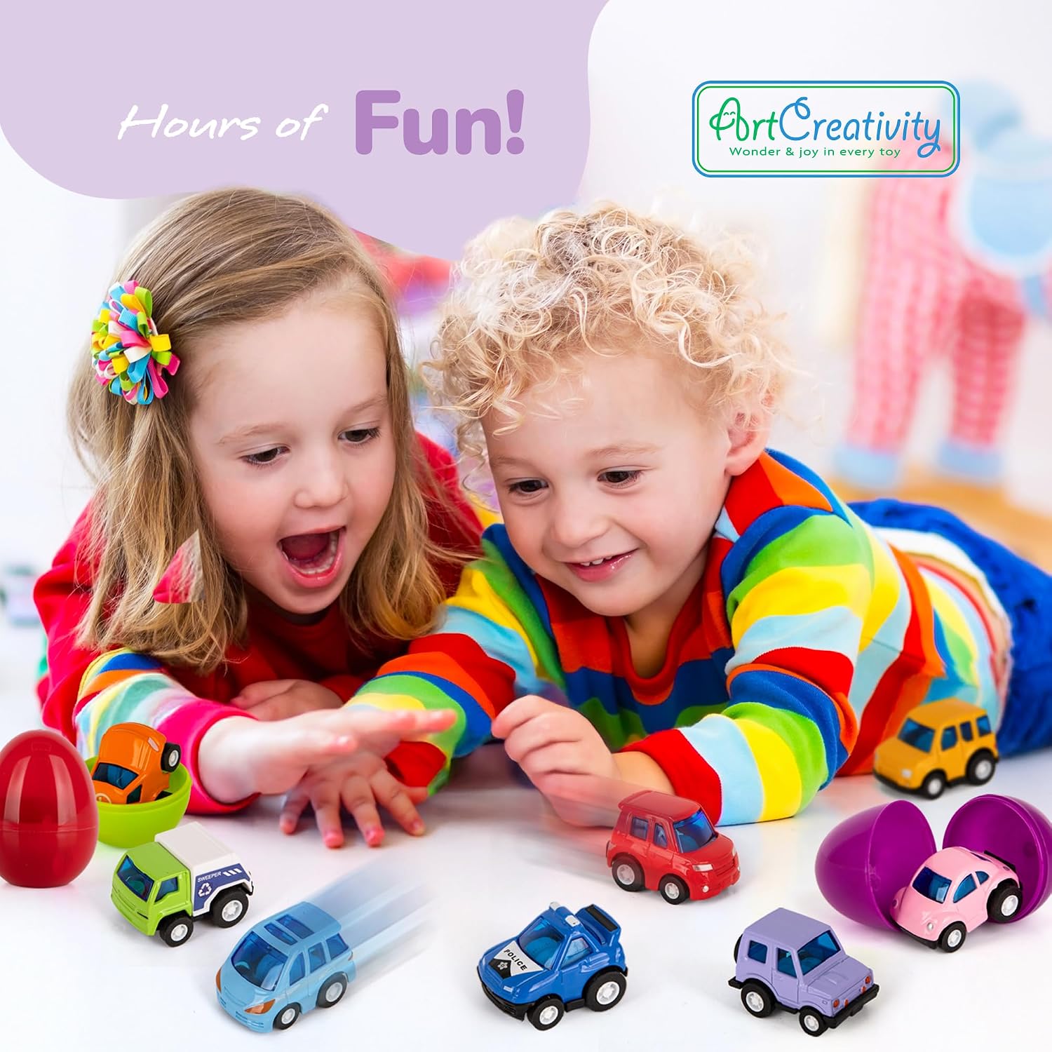ArtCreativity Pre-Filled Easter Eggs with Diecast Vehicles for Hunt - 12 Emergency & Community Vehicles, Fire Trucks, Ambulances with Pull-Back Function - Easter Basket Stuffers