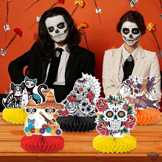 KatchOn, Day of The Dead Centerpieces - Pack of 12 | Halloween Centerpieces, Day of The Dead Decorations | Halloween Honeycomb, Day of The Dead Halloween Decorations | Dia De Los Muertos Decorations