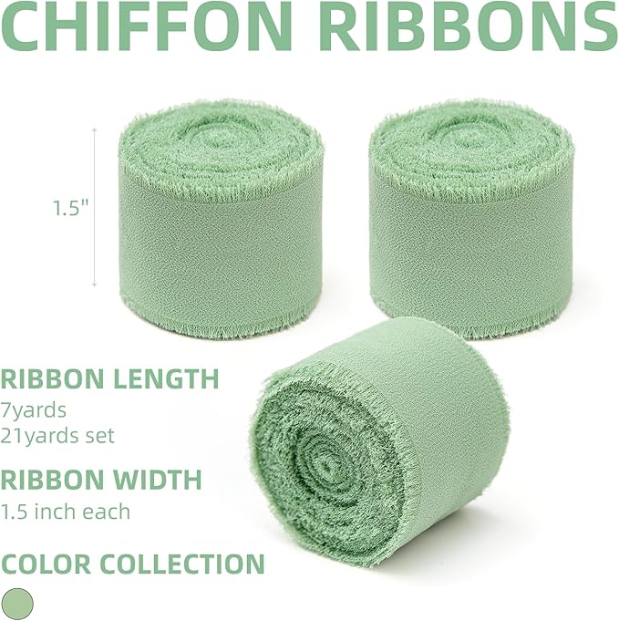 3 Rolls Sage Green Handmade Chiffon Ribbon,1.5" x 21Yd Frayed Fringe Silk Ribbons (3 Rolls *7Yd) for Gifts Wrapping, Wedding Invitations, Bridal Bouquets, Decorations