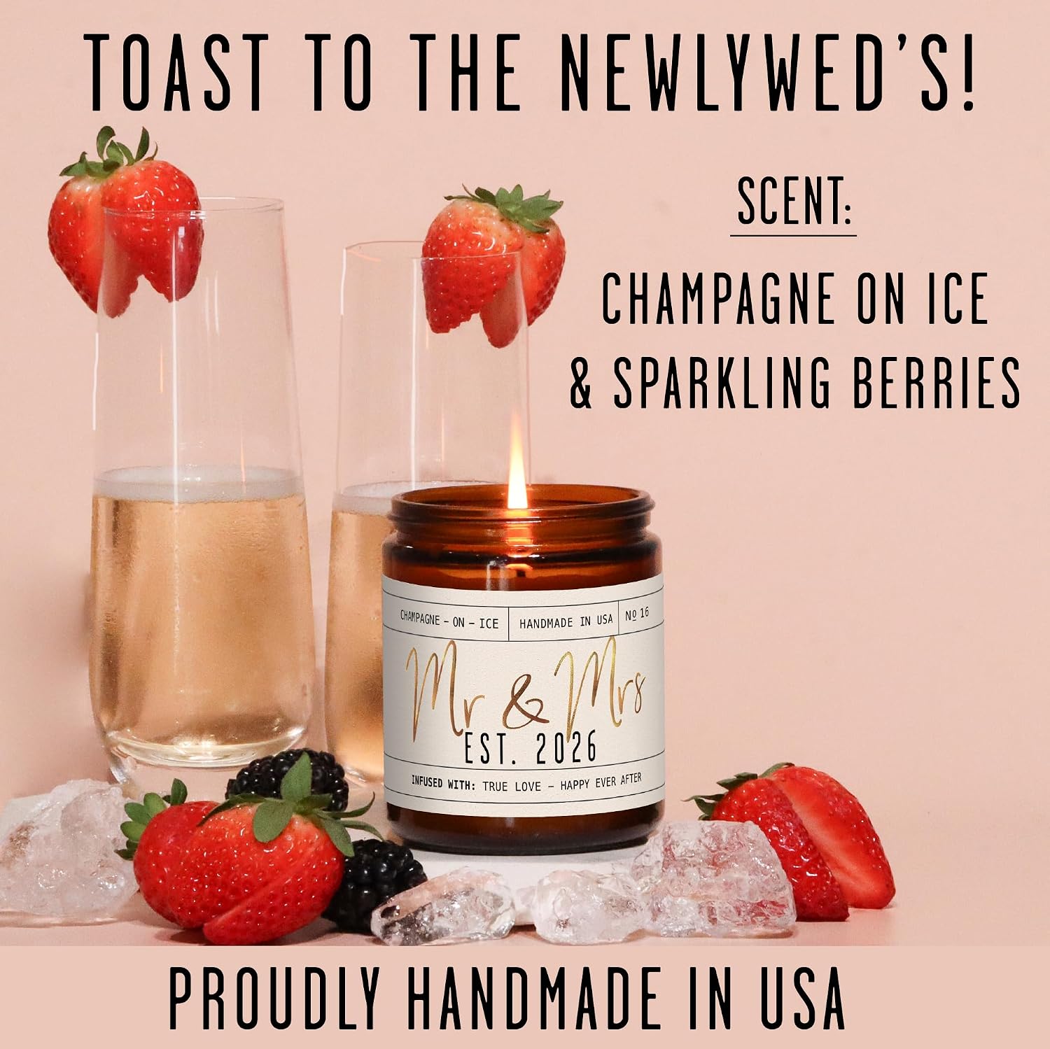 Wedding Gifts for Couples 2026, Bridal Shower Gifts from Bride - 'Mr and Mrs Est. 2026 Candle, w/Champagne on Ice I Wedding Shower for Newlyweds I 50Hr Burn, USA Made