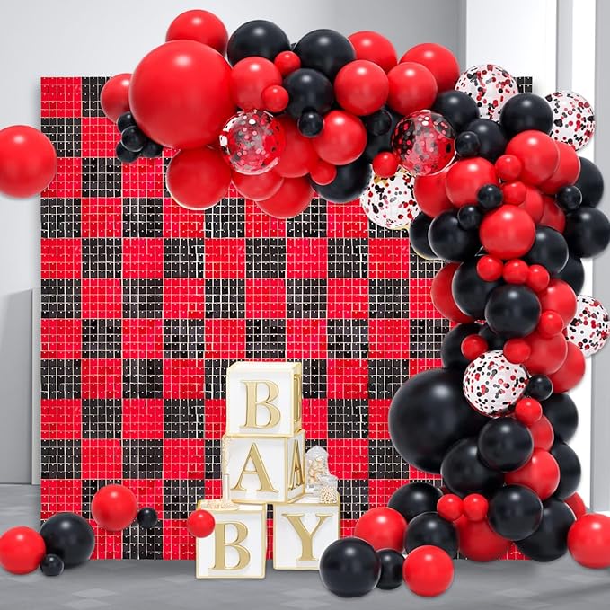 24PCS Black Red Shimmer Wall Backdrop, Square Sequin Photo Backdrops Panel, Glitter Wall Background for Birthdays, Weddings, Christmas, Halloween, Disco Bachelorette Party Decor (4FTx6FT)
